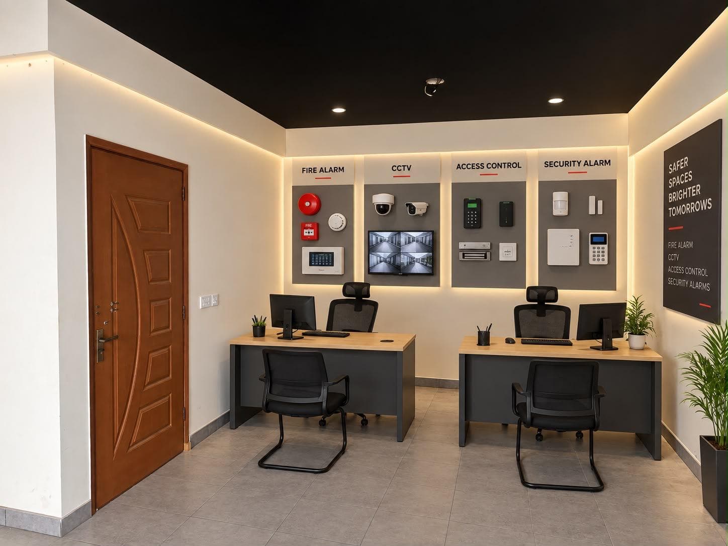 ZS Solutions showroom with fire alarm, CCTV, access control and security alarm display walls